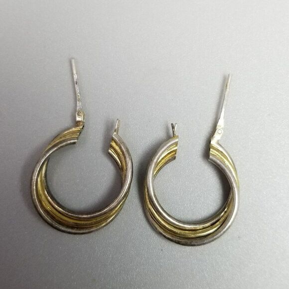 Vintage Sterling Silver Two Tone 1 Inch Hoop Earrings, 925 Italy, Estate - Picture 8 of 9